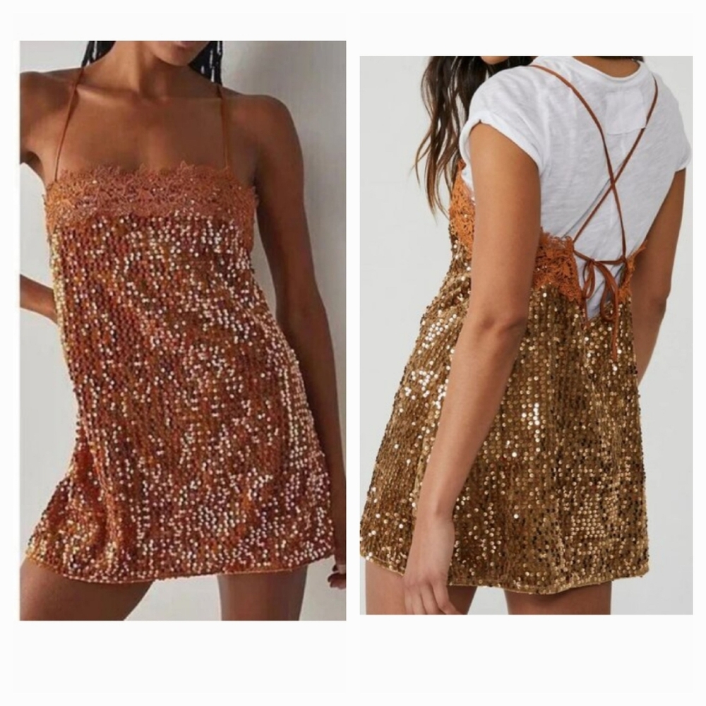 NWT FREE PEOPLE That Girl Slip Gold Sequin Micro Mini Dress Lace Trim XS